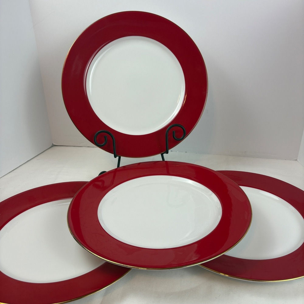 Crate & Barrel Monno Red Gold Trim Dinner Plates Set of 4 White Porcelain 10.75"